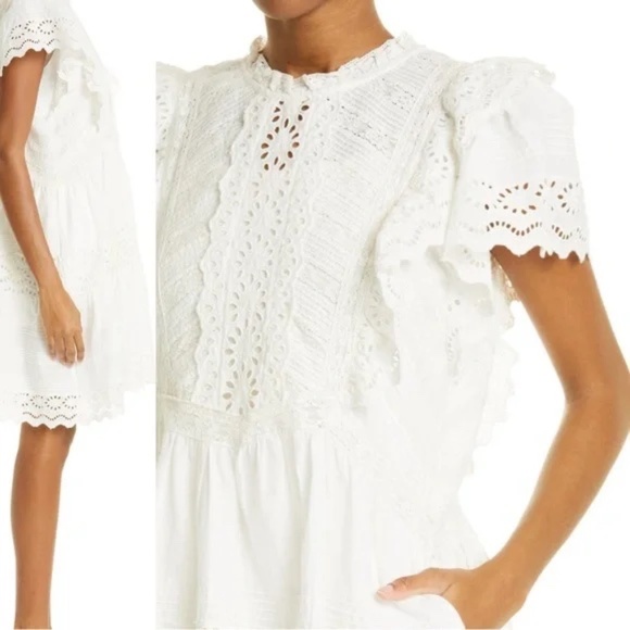 NWT- SEA NEW YORK Georgina S/S Cotton Eyelet Ruffle Tunic Dress in White, Size L - Picture 2 of 8